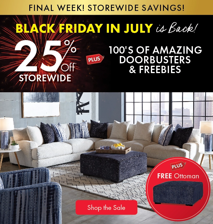 Black Friday in July Furniture Sale at Morris Home – Save 25% Storewide on Sofas, Sectionals, Living Room Sets, Beds, Bedroom Sets, Dining Sets, Outdoor Furniture, Outdoor Dining Sets & More. Plus, 100s of Doorbusters and Free Bonus Furniture with Purchase!