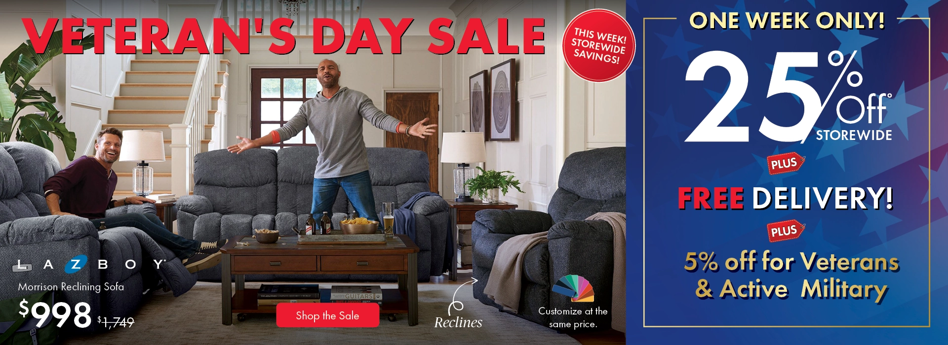 Veteran's Day Sale at Morris Home — 25% Off Storewide, 30%–50% Off Doorbusters, plus Free Furniture, plus 5% Off for Veterans and Active Military and Free Delivery. Shop Now.