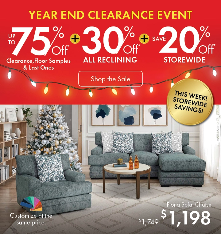 Year End Clearance Event at Morris Home — save up to 75% on clearance, floor samples, and last-one items, plus 30% off all reclining furniture and 20% off storewide. Shop now.