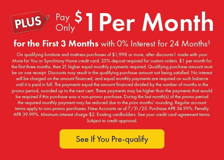 Morris Home financing: $1 per month for 3 months, 0% interest for 24 months on qualifying furniture and mattress purchases over $1,998. More for You or Synchrony Home credit card required. See store for details.