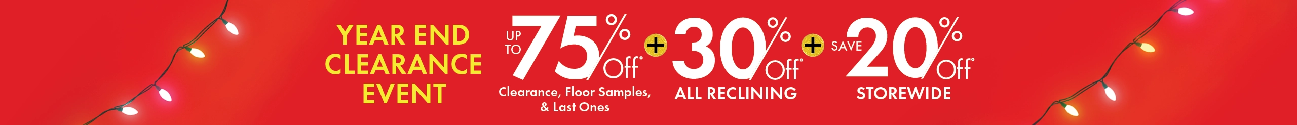 Year End Clearance Event at Morris Home—save up to 75% on clearance, floor samples, and last-one items, plus 30% off all reclining furniture and 20% off storewide. Shop furniture deals now.