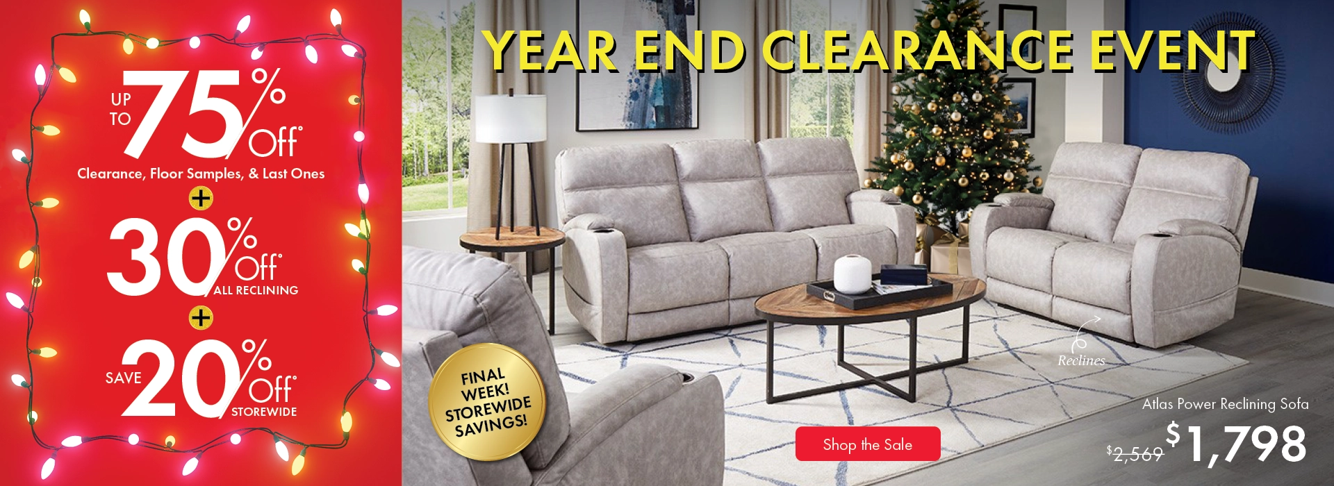 Year End Clearance Event at Morris Home — save up to 75% on clearance, floor samples, and last-one items, plus 30% off all reclining furniture and 20% off storewide. Shop now.