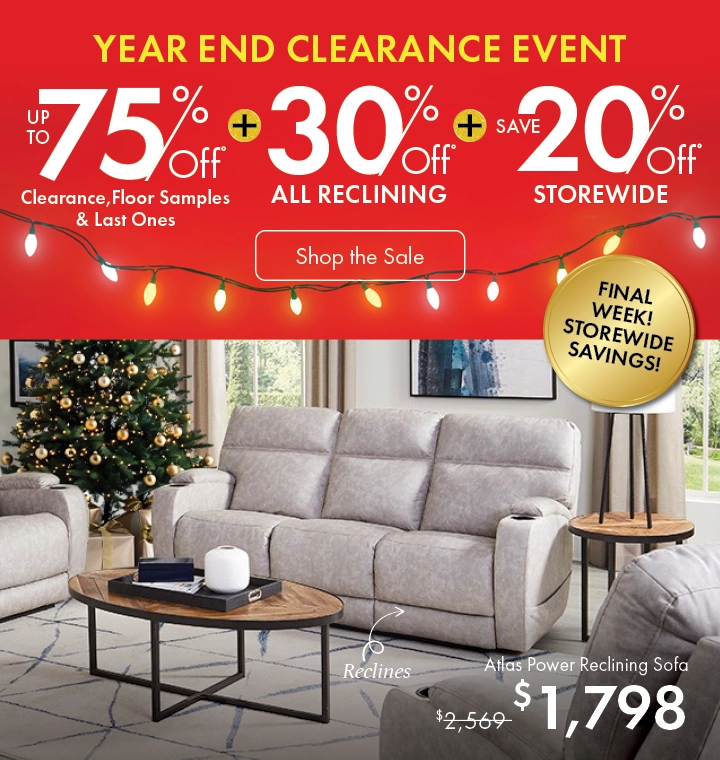 Year End Clearance Event at Morris Home — save up to 75% on clearance, floor samples, and last-one items, plus 30% off all reclining furniture and 20% off storewide. Shop now.