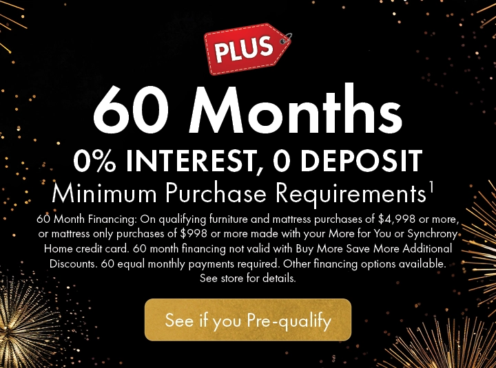 60 Months 0% Interest — $0 Deposit on qualifying furniture or mattress purchases. See store for details.