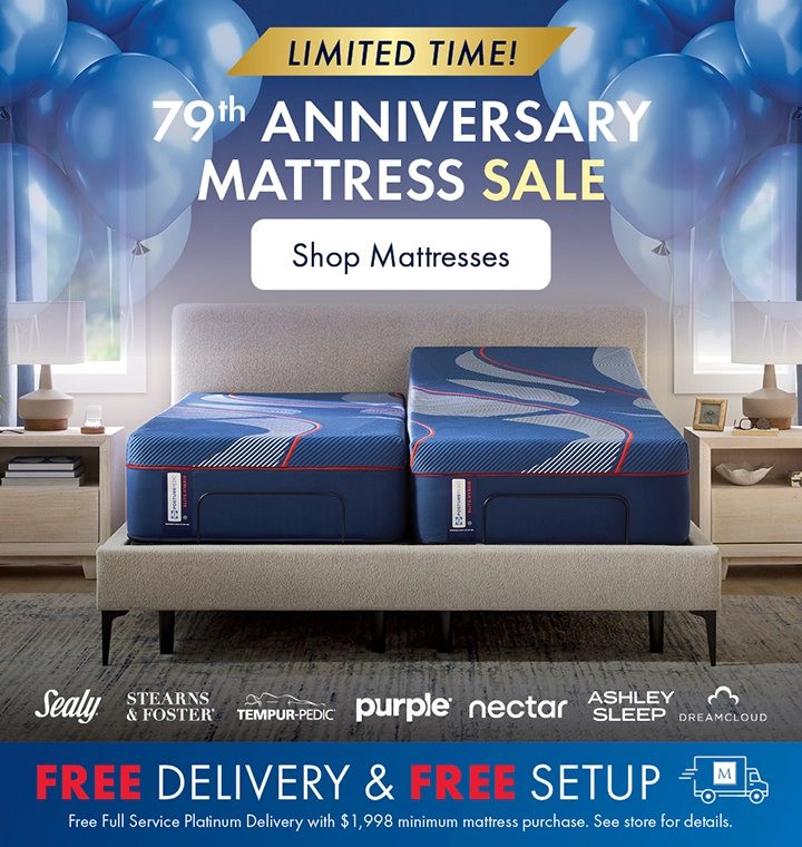Anniversary Mattress Sale at the Better Sleep Shop inside Morris Home and Ashley. Save on top mattress brands plus free delivery and free setup.
