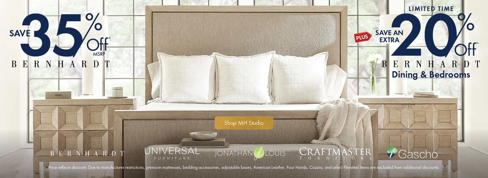 MH Studio at Morris Home promotion: Save 35% on Bernhardt plus an extra 20% on Bernhardt dining and bedroom furniture for a limited time. Shop luxury for less.