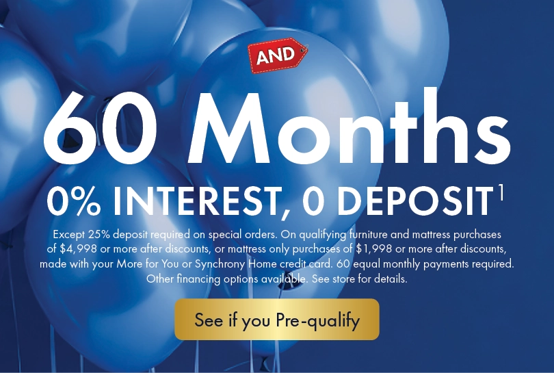 60 Months 0% Interest — $0 Deposit on qualifying furniture or mattress purchases. See store for details.