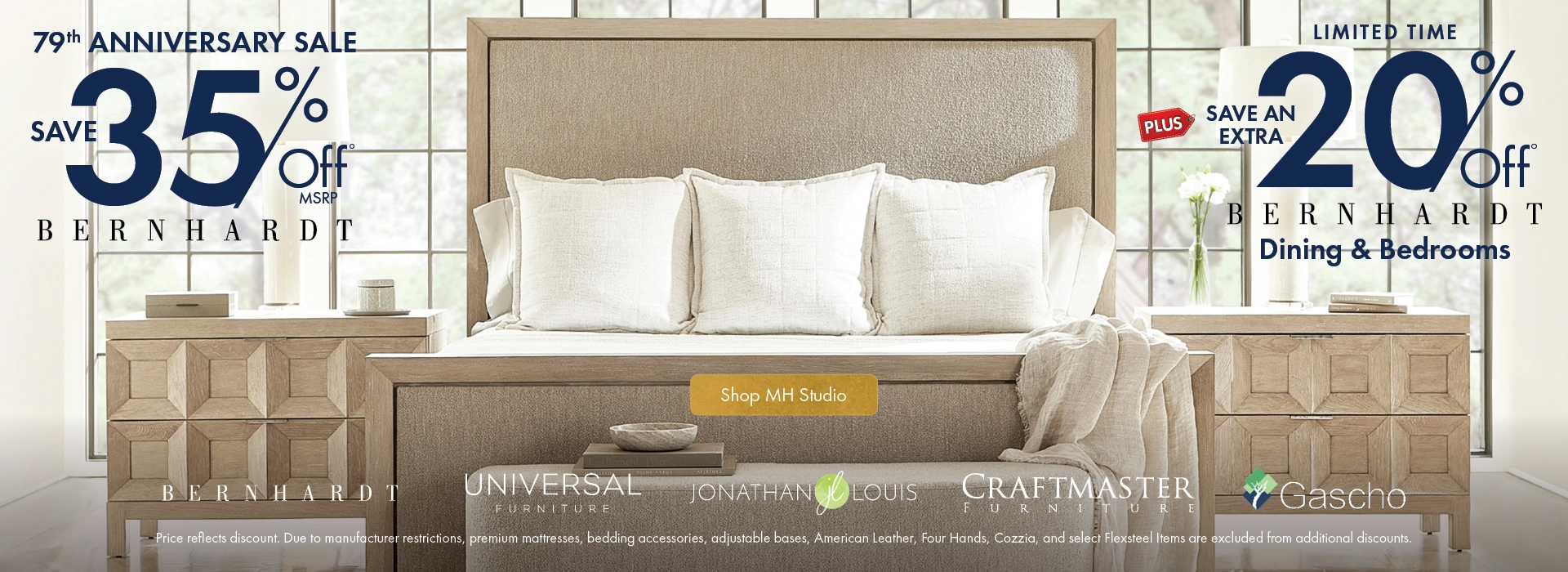 MH Studio at Morris Home promotion: Save 35% on Bernhardt plus an extra 20% on Bernhardt dining and bedroom furniture for a limited time. Shop luxury for less.