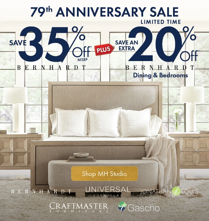 MH Studio at Morris Home promotion: Save 35% on Bernhardt plus an extra 20% on Bernhardt dining and bedroom furniture for a limited time. Shop luxury for less.