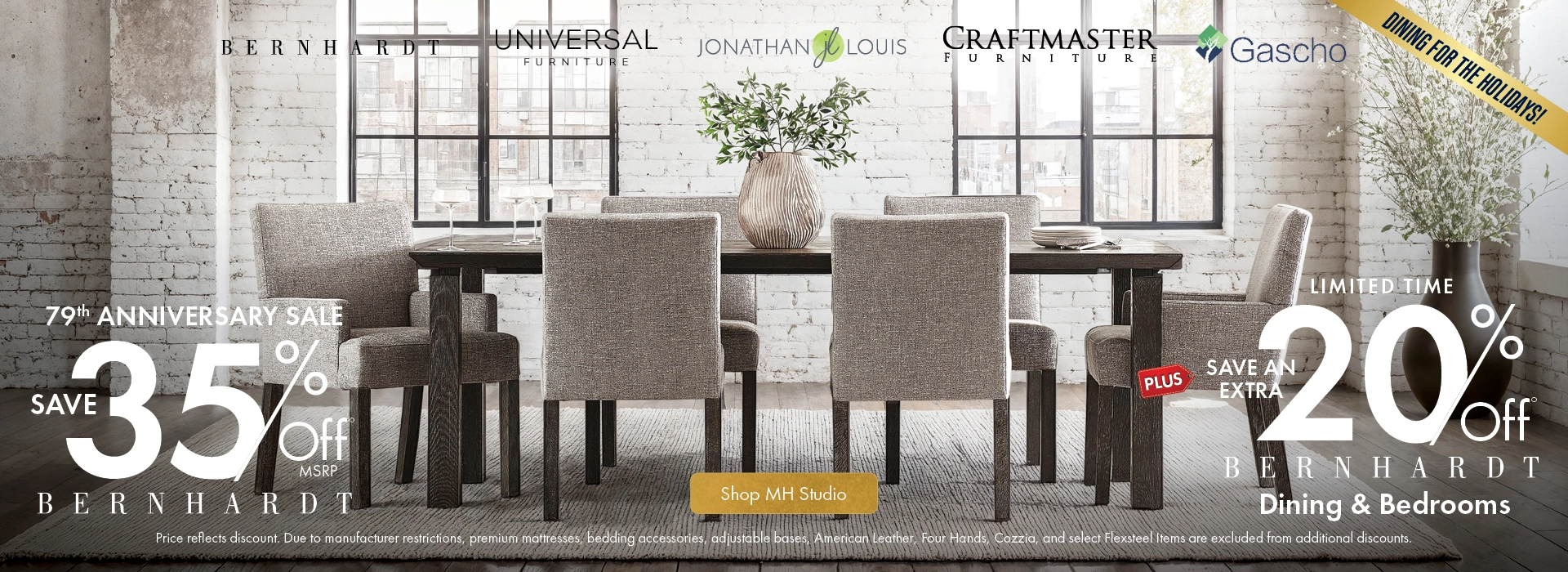 MH Studio at Morris Home promotion: Save 35% on Bernhardt plus an extra 20% on Bernhardt dining and bedroom furniture for a limited time. Shop luxury for less.