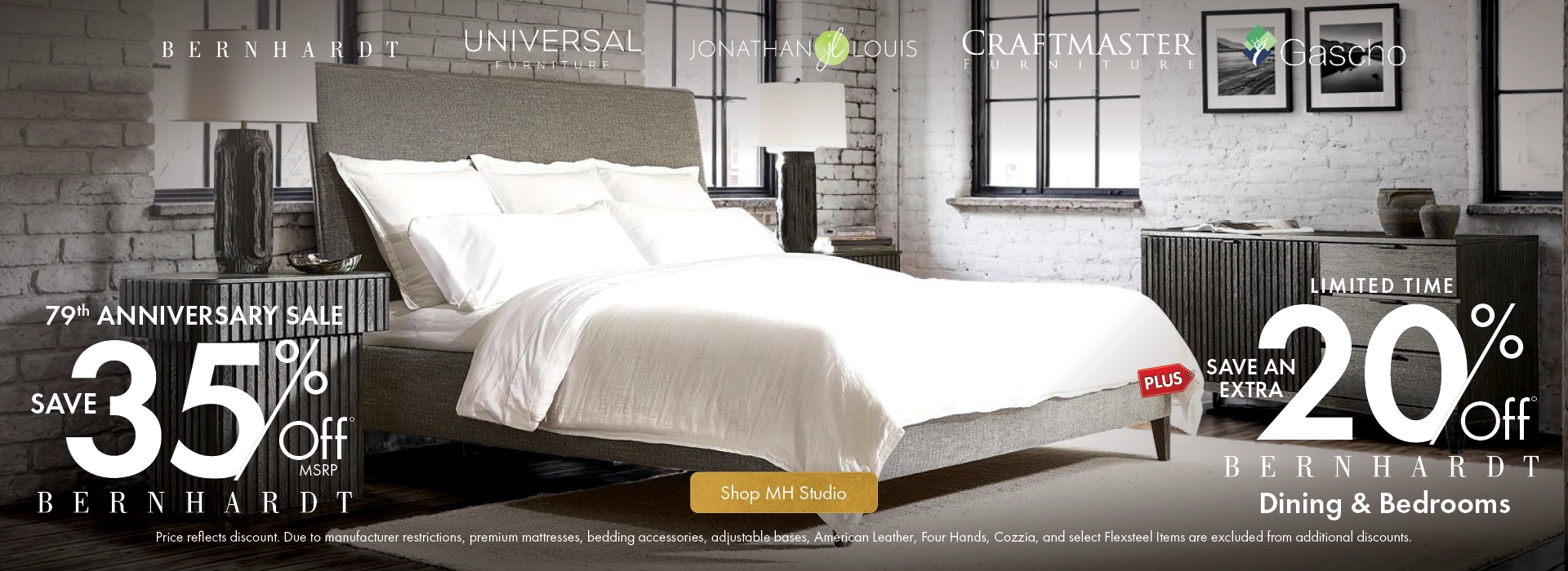 MH Studio at Morris Home promotion: Save 35% on Bernhardt plus an extra 20% on Bernhardt dining and bedroom furniture for a limited time. Shop luxury for less.