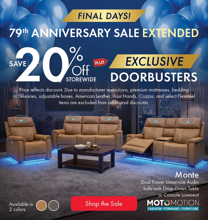 Morris Home Anniversary Sale Extended — save 20% off storewide with exclusive doorbusters. Shop the sale now.