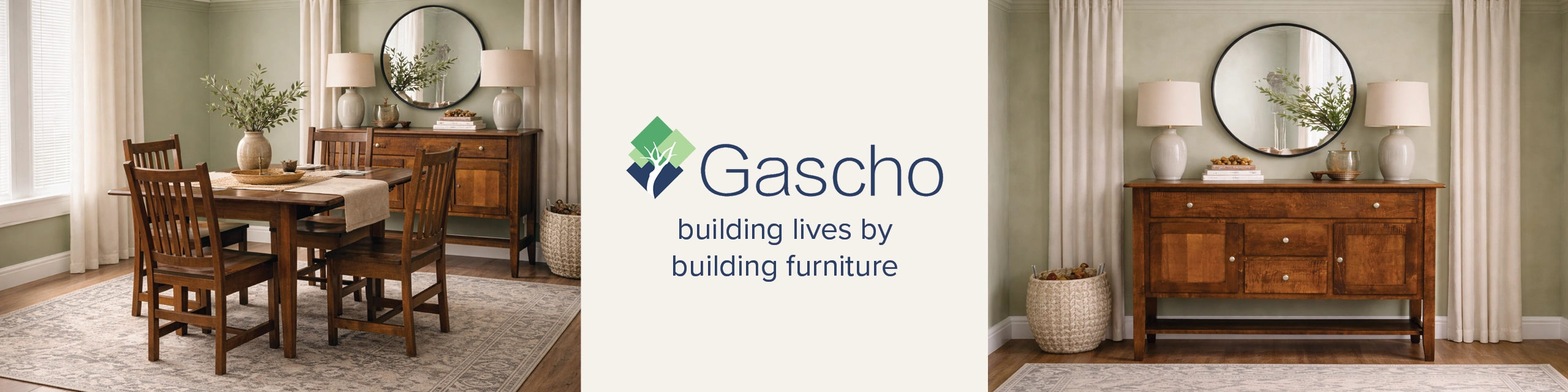 Gascho Furniture—handcrafted solid wood furniture made in America since 1986 using hand-selected oak, maple, and cherry, built to last for generations.