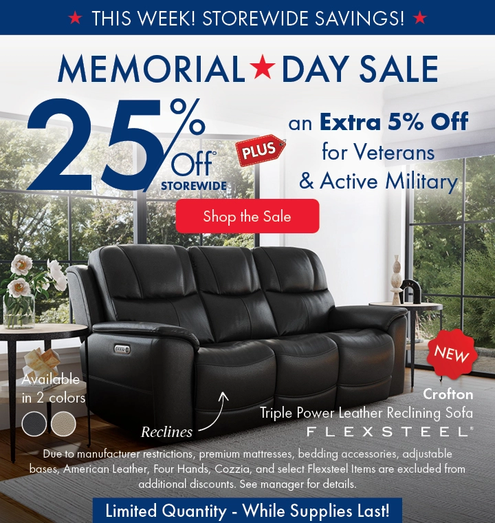 Morris Home Memorial Day Sale — save 25% off storewide plus an extra 5% off for Veterans and Active Military. Shop the sale now.