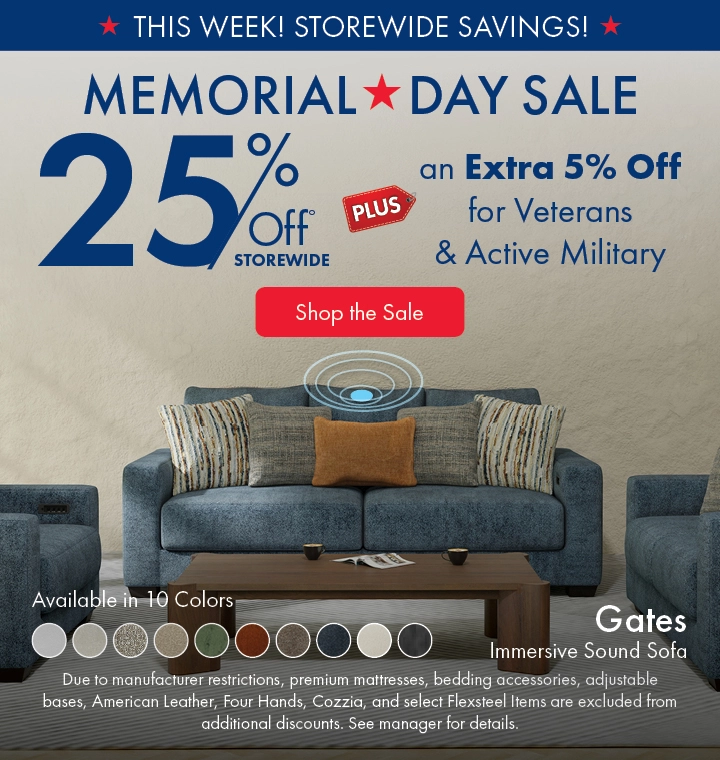 Morris Home Memorial Day Sale — save 25% off storewide plus an extra 5% off for Veterans and Active Military. Shop the sale now.