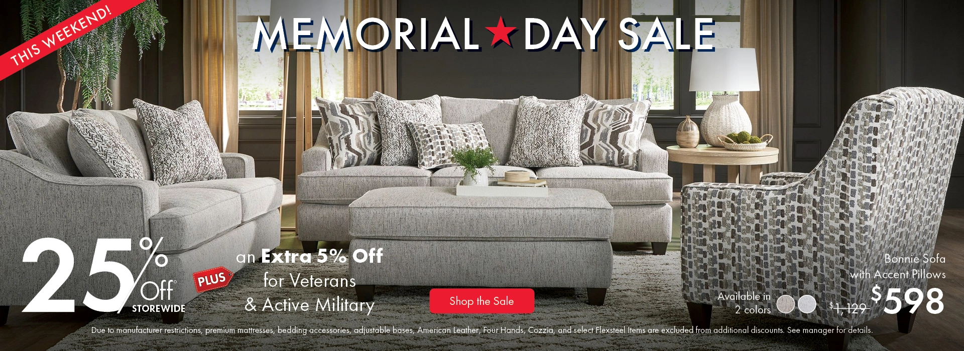 Morris Home Memorial Day Sale — save 25% off storewide plus an extra 5% off for Veterans and Active Military. Shop the sale now.