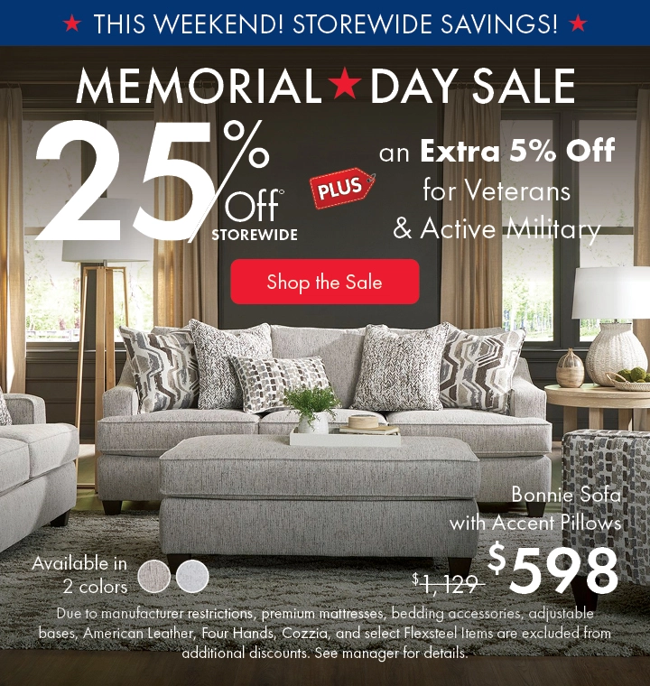 Morris Home Memorial Day Sale — save 25% off storewide plus an extra 5% off for Veterans and Active Military. Shop the sale now.