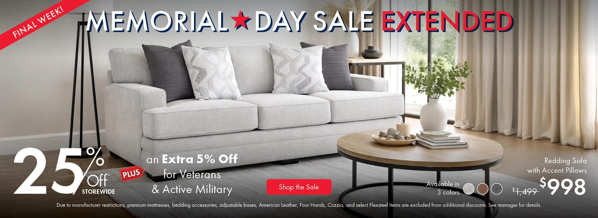 Morris Home Memorial Day Sale — save 25% off storewide plus an extra 5% off for Veterans and Active Military. Shop the sale now.
