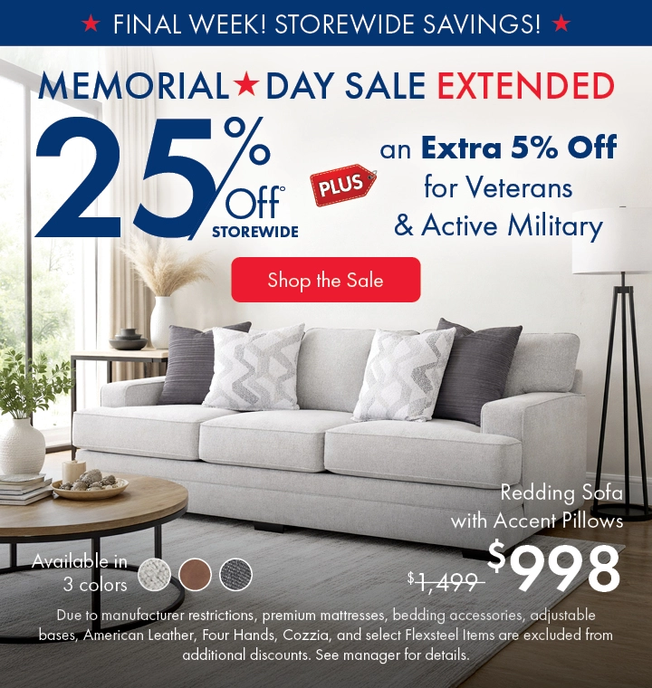 Morris Home Memorial Day Sale — save 25% off storewide plus an extra 5% off for Veterans and Active Military. Shop the sale now.