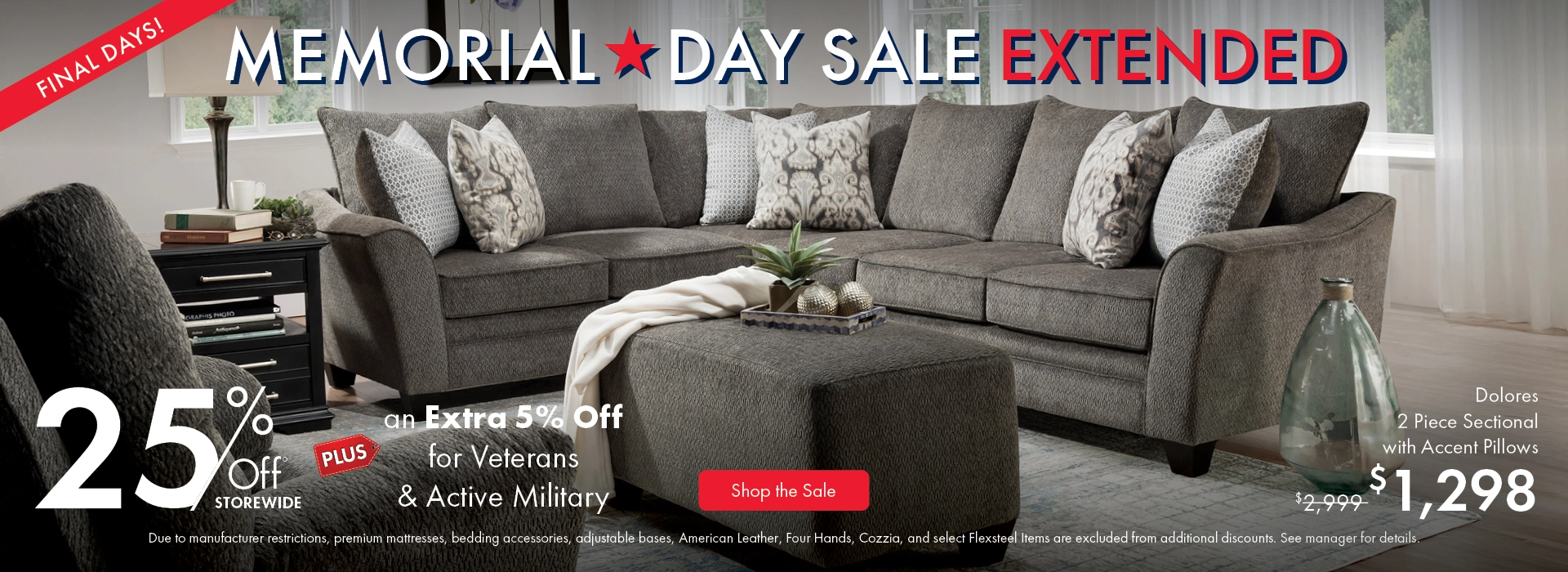 Morris Home Memorial Day Sale — save 25% off storewide plus an extra 5% off for Veterans and Active Military. Shop the sale now.