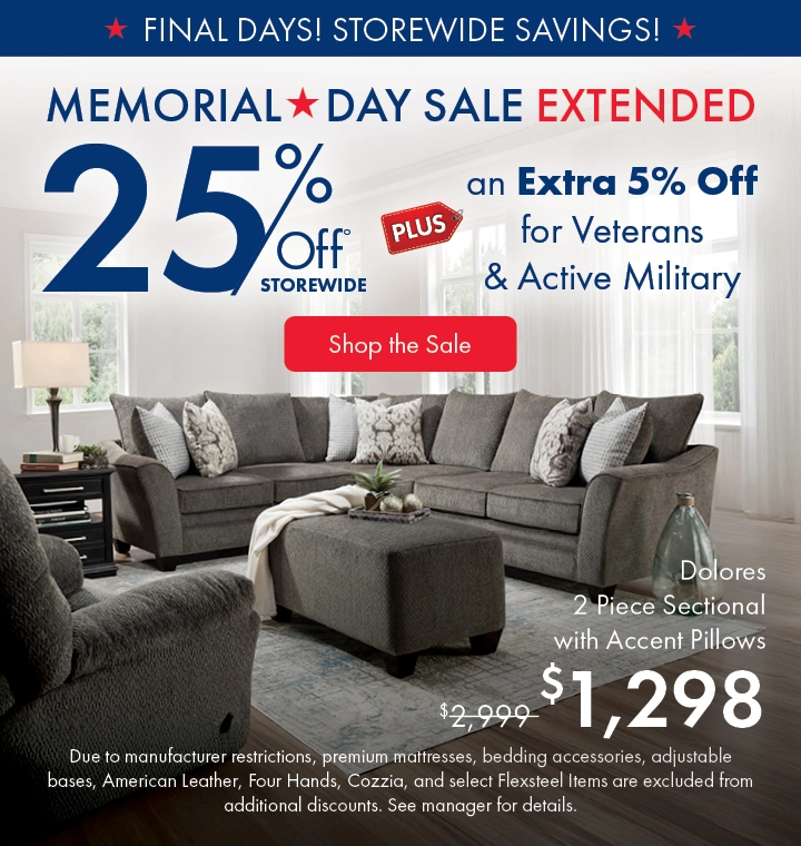 Morris Home Memorial Day Sale — save 25% off storewide plus an extra 5% off for Veterans and Active Military. Shop the sale now.