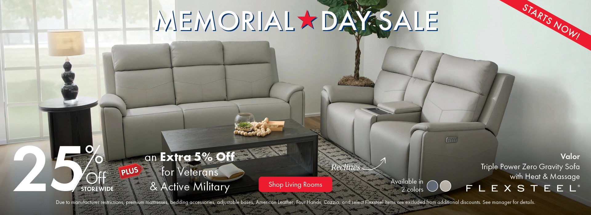 Morris Home Memorial Day Sale — save 25% off storewide plus an extra 5% off for Veterans an Active Military. Shop living rooms.