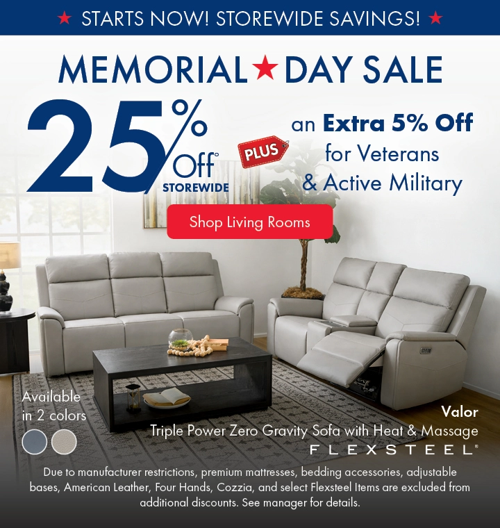Morris Home Memorial Day Sale — save 25% off storewide plus an extra 5% off for Veterans an Active Military. Shop living rooms.