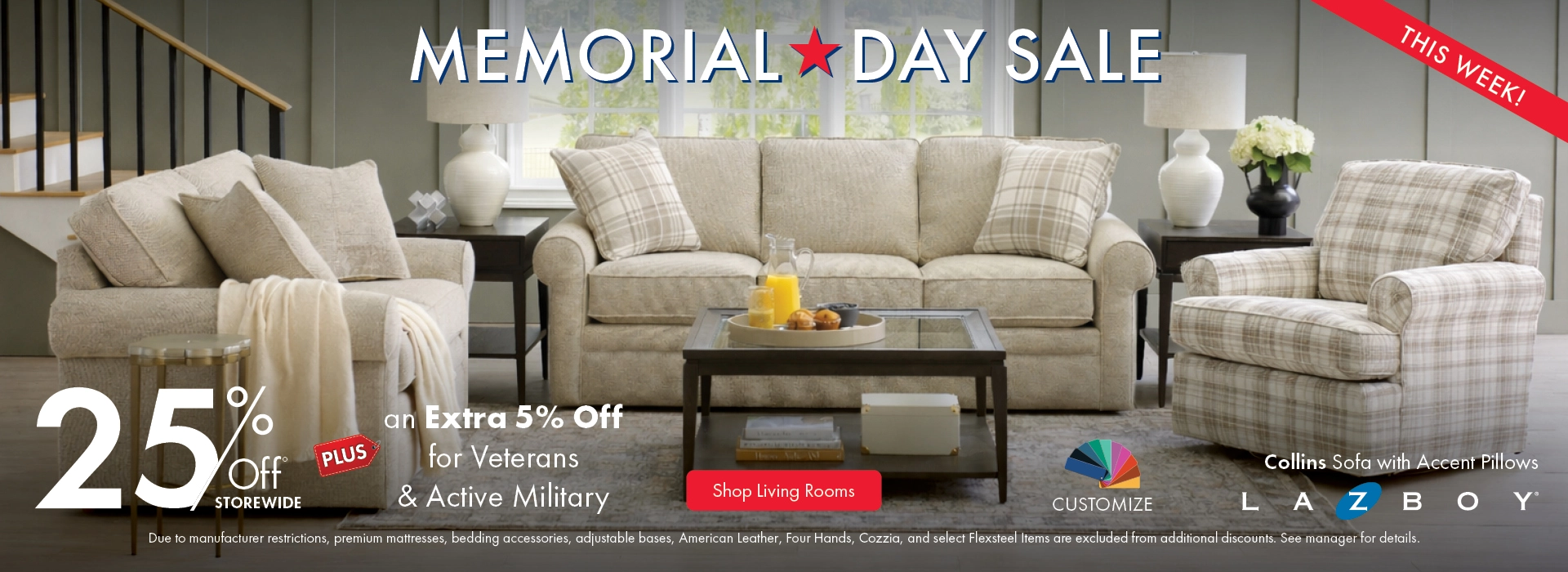 Morris Home Memorial Day Sale — save 25% off storewide plus an extra 5% off for Veterans an Active Military. Shop living rooms.