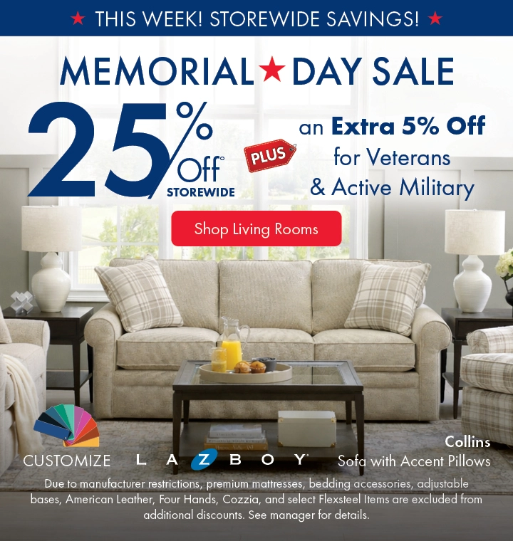 Morris Home Memorial Day Sale — save 25% off storewide plus an extra 5% off for Veterans an Active Military. Shop living rooms.