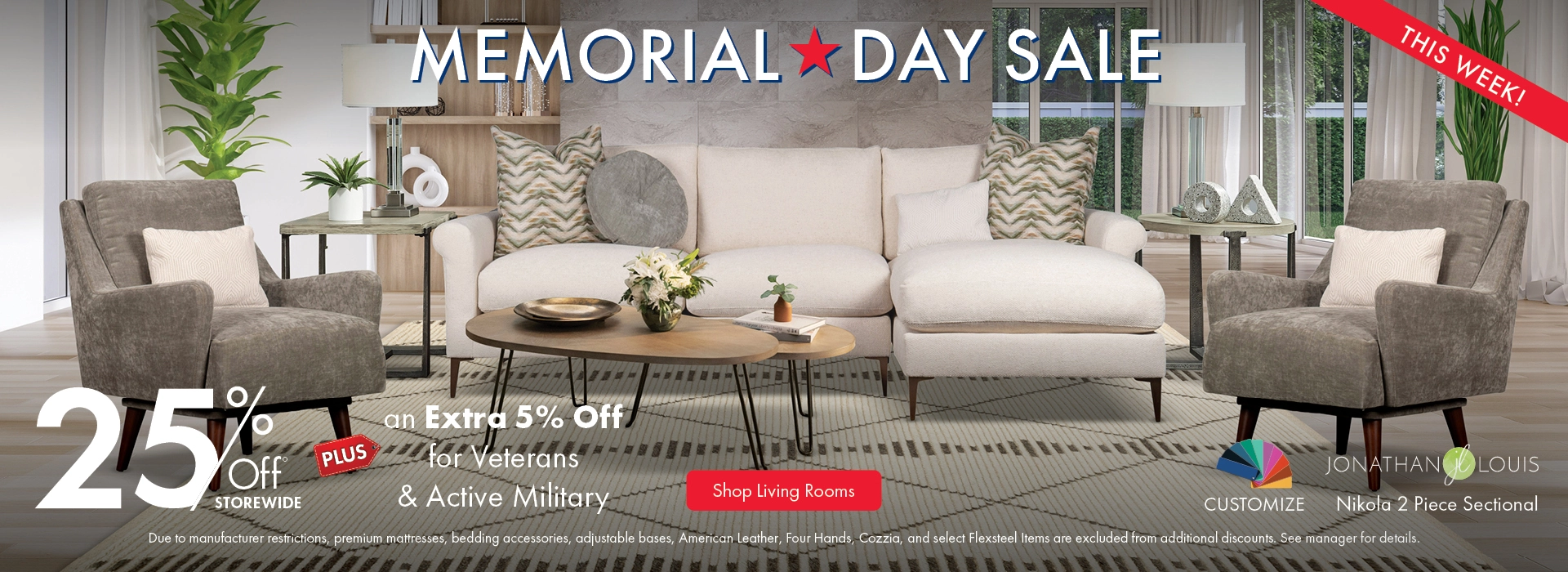 Morris Home Memorial Day Sale — save 25% off storewide plus an extra 5% off for Veterans an Active Military. Shop living rooms.