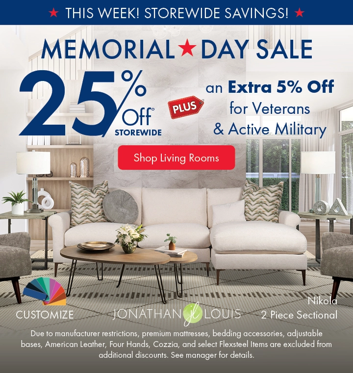 Morris Home Memorial Day Sale — save 25% off storewide plus an extra 5% off for Veterans an Active Military. Shop living rooms.