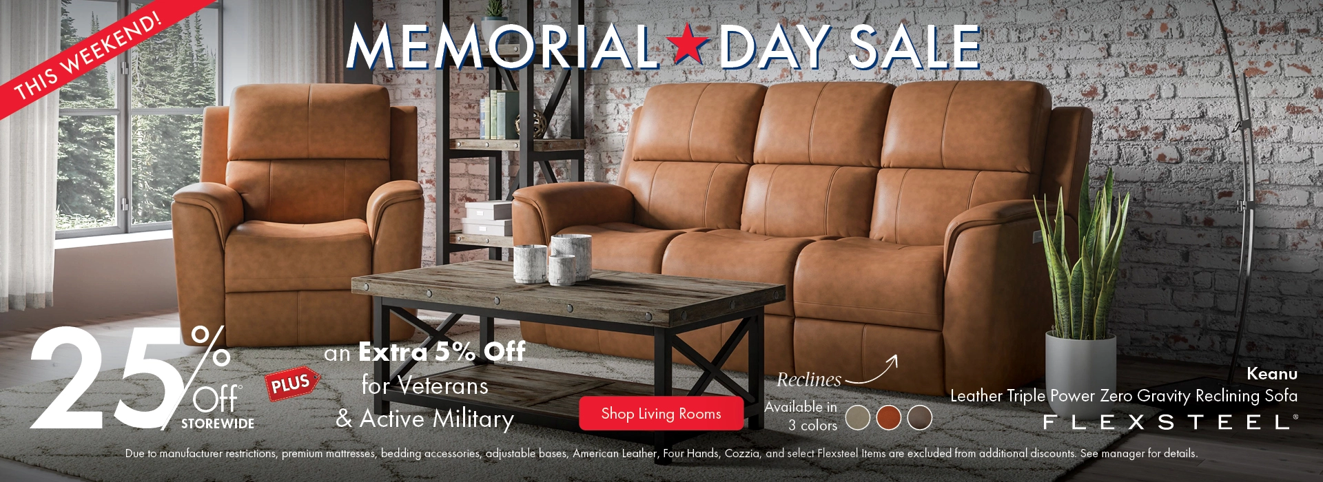 Morris Home Memorial Day Sale — save 25% off storewide plus an extra 5% off for Veterans an Active Military. Shop living rooms.