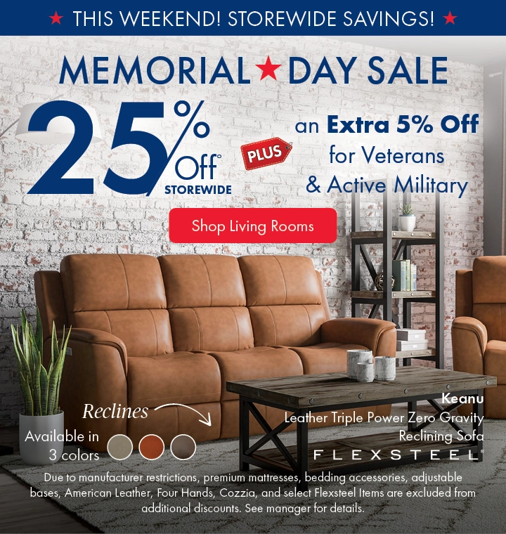 Morris Home Memorial Day Sale — save 25% off storewide plus an extra 5% off for Veterans an Active Military. Shop living rooms.