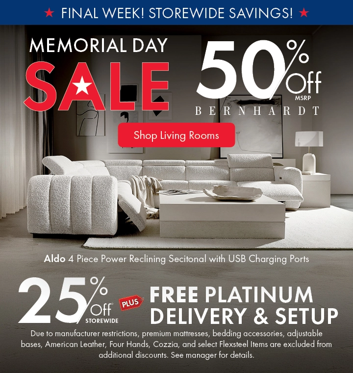 Morris Home Memorial Day Sale — save 25% off storewide plus free platinum delivery and setup. Shop living rooms.