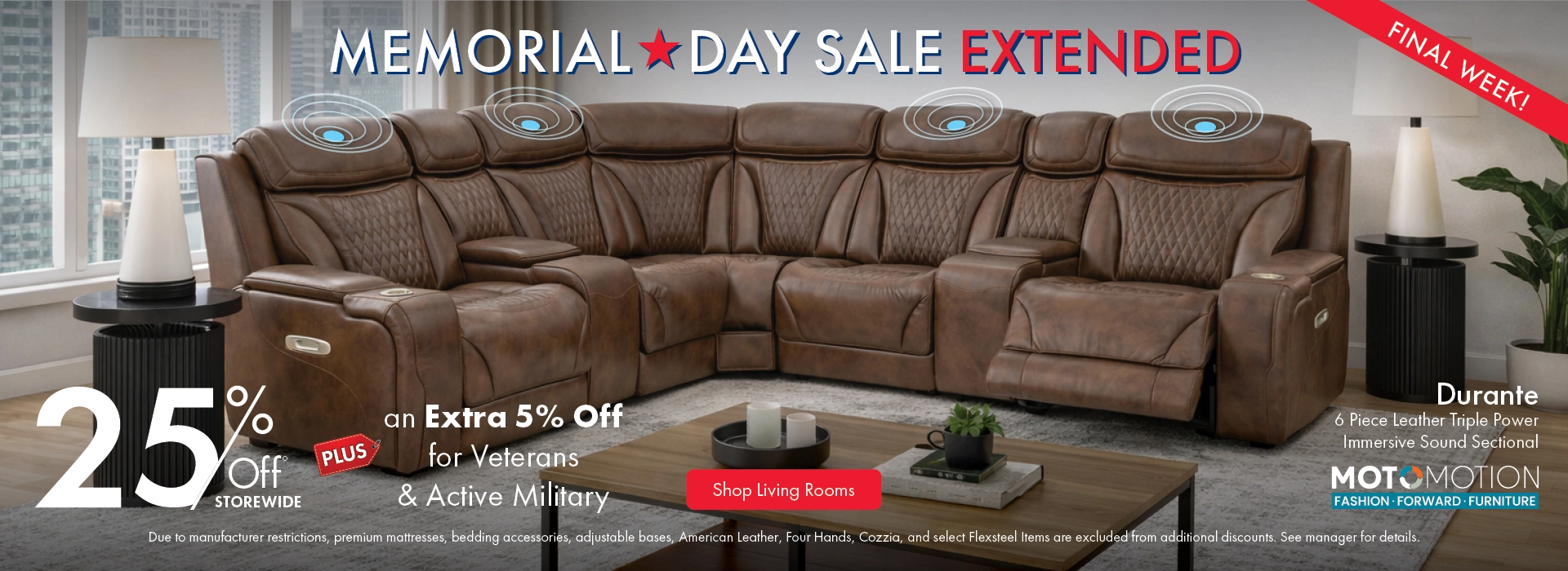 Morris Home Memorial Day Sale — save 25% off storewide plus an extra 5% off for Veterans an Active Military. Shop living rooms.