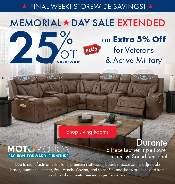 Morris Home Memorial Day Sale — save 25% off storewide plus an extra 5% off for Veterans an Active Military. Shop living rooms.