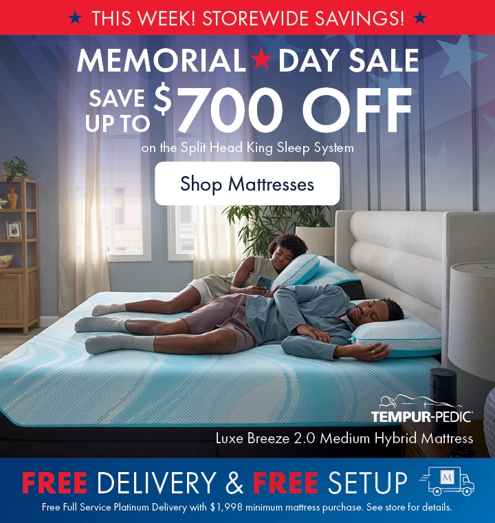 Memorial Day Mattress Sale at Morris Home and Ashley—save up to $700 on a Tempur-Pedic Split Head King Sleep System with free delivery and setup. Shop all mattresses on sale.