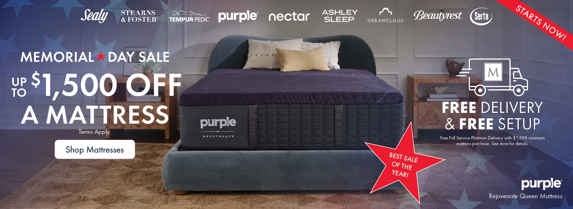 Memorial Day Mattress Sale at Morris Home and Ashley—save up to $1,500 on a Purple mattress with free delivery and setup. Shop all mattresses on sale.