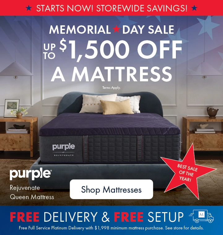 Memorial Day Mattress Sale at Morris Home and Ashley—save up to $1,500 on a Purple mattress with free delivery and setup. Shop all mattresses on sale.