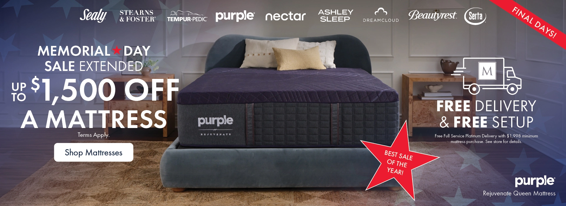 Memorial Day Mattress Sale at Morris Home and Ashley—save up to $1,500 on a Purple mattress with free delivery and setup. Shop all mattresses on sale.