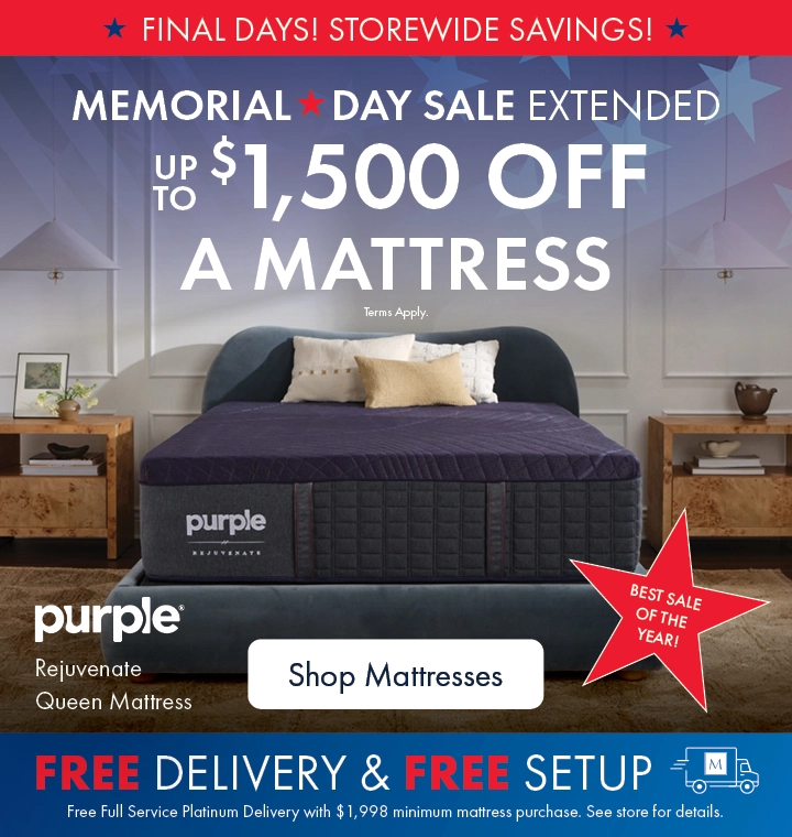 Memorial Day Mattress Sale at Morris Home and Ashley—save up to $1,500 on a Purple mattress with free delivery and setup. Shop all mattresses on sale.