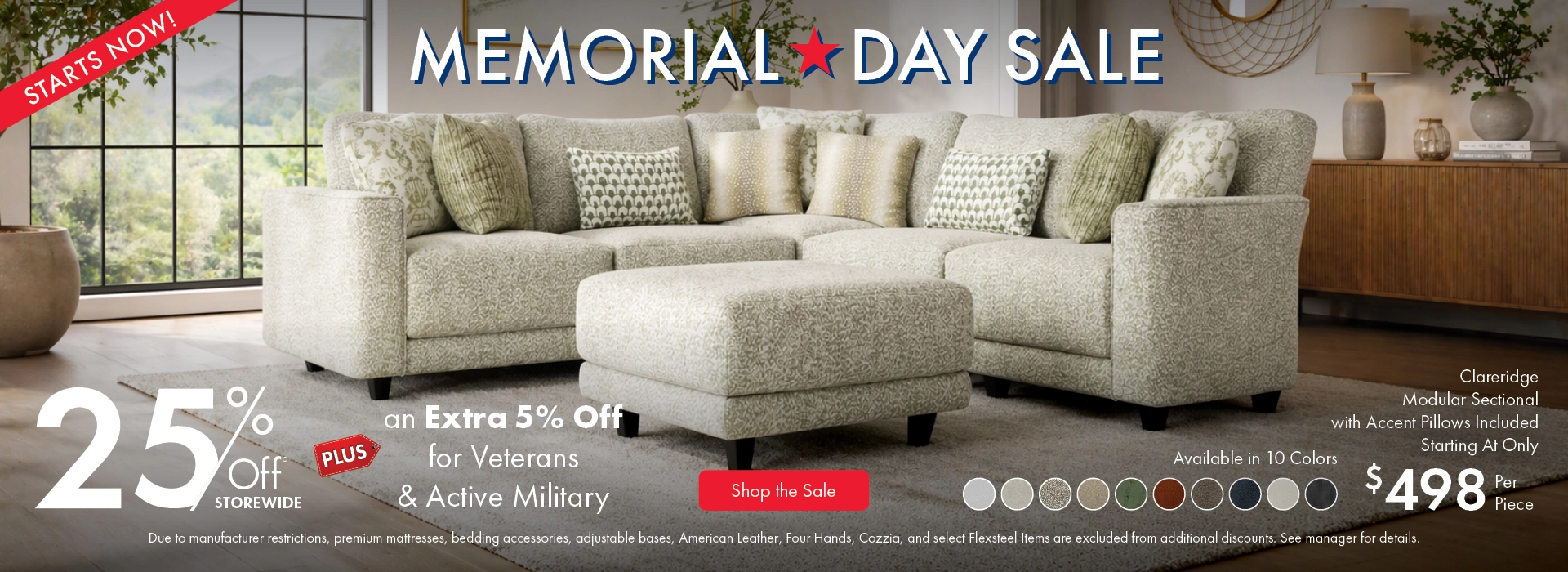 Morris Home Memorial Day Sale — save 25% off storewide plus an extra 5% off for Veterans and Active Military. Shop the sale now.