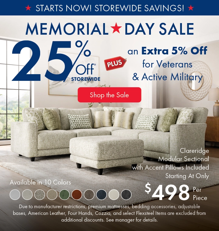 Morris Home Memorial Day Sale — save 25% off storewide plus an extra 5% off for Veterans and Active Military. Shop the sale now.