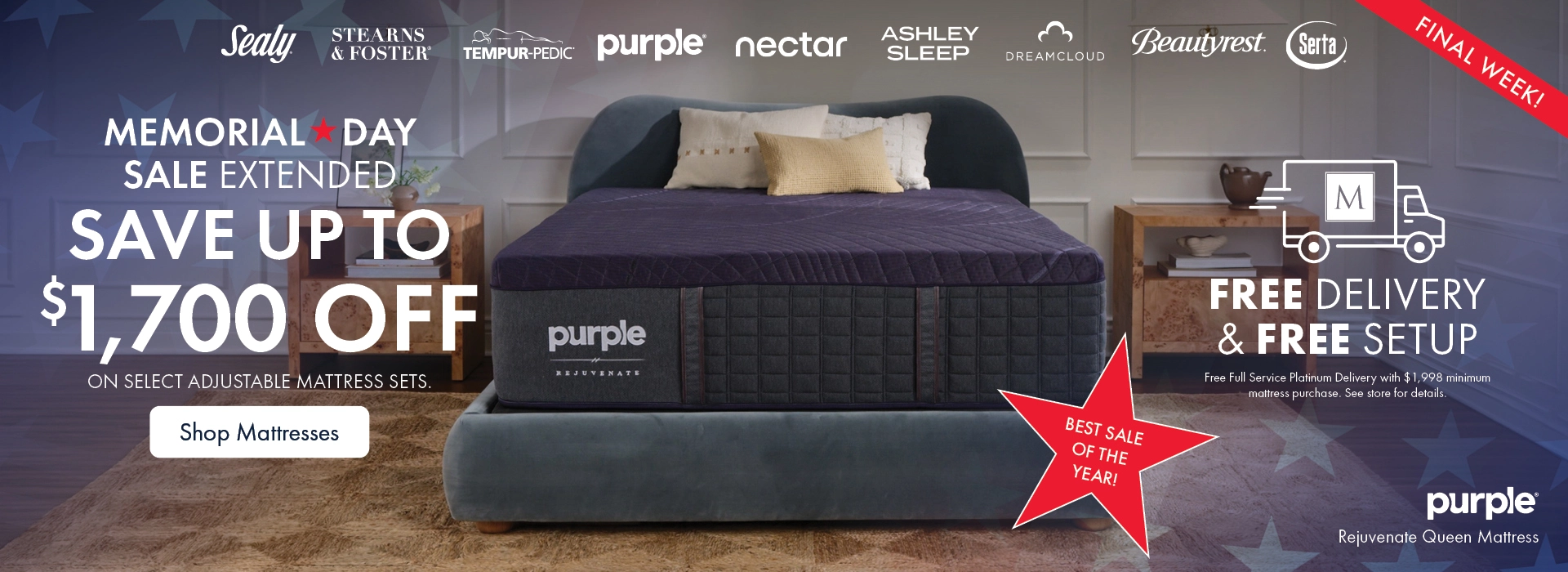 Memorial Day Mattress Sale at Morris Home and Ashley—save up to $1,500 on a Purple mattress with free delivery and setup. Shop all mattresses on sale.