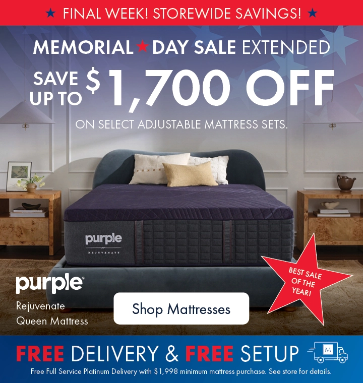 Memorial Day Mattress Sale at Morris Home and Ashley—save up to $1,500 on a Purple mattress with free delivery and setup. Shop all mattresses on sale.