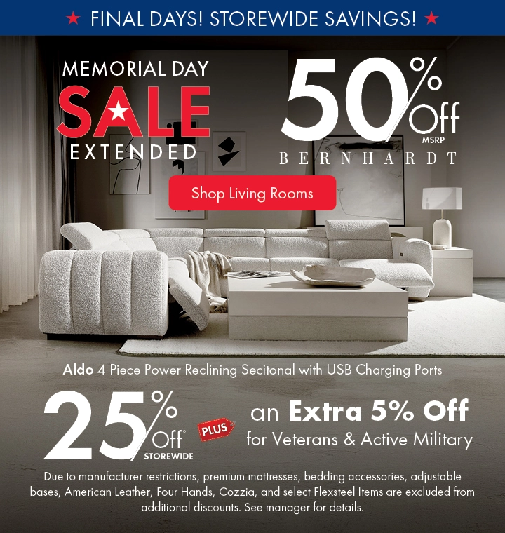 Morris Home Memorial Day Sale — save 25% off storewide plus an extra 5% off for Veterans an Active Military. Shop living rooms.