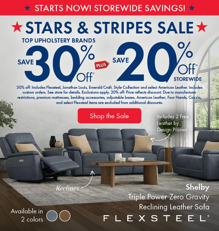Morris Home Stars & Stripes Sale featuring top upholstery brands: save 30% off, plus 20% off storewide. Shop the sale now.