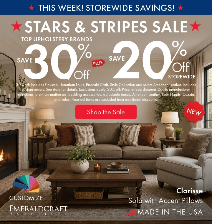 Morris Home Stars & Stripes Sale featuring top upholstery brands: save 30% off, plus 20% off storewide. Shop the sale now.