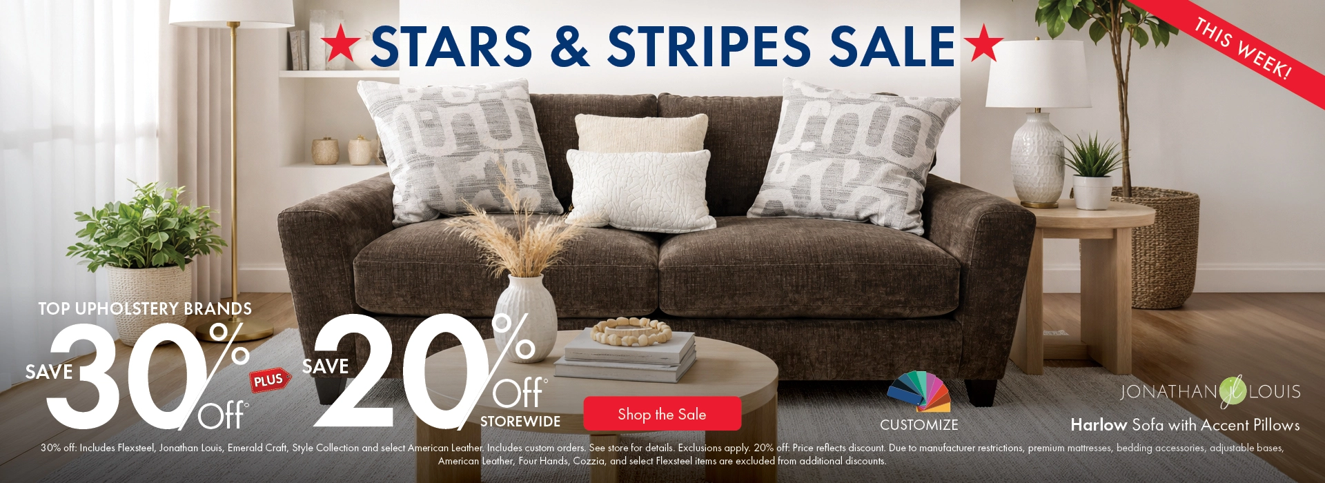 Morris Home Stars & Stripes Sale featuring top upholstery brands: save 30% off, plus 20% off storewide. Shop the sale now.