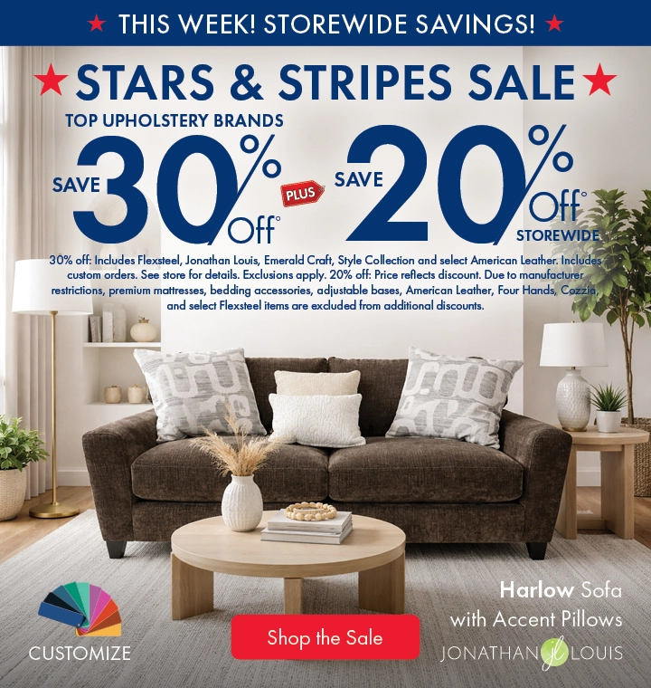 Morris Home Stars & Stripes Sale featuring top upholstery brands: save 30% off, plus 20% off storewide. Shop the sale now.